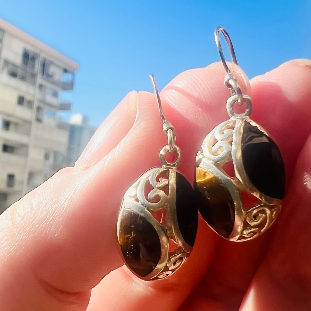 Black Onyx, Tigers Eye, & Sterling Silver Dangle Earrings